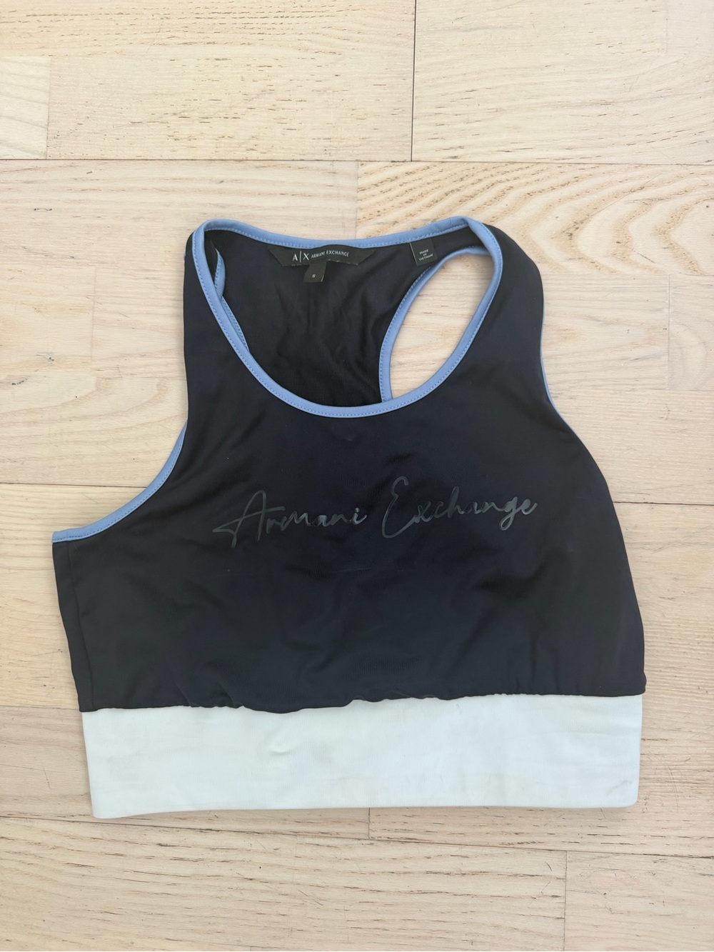 NWT - Armani Exchange Black Sports Bra with White Hem and Light Blue Trim